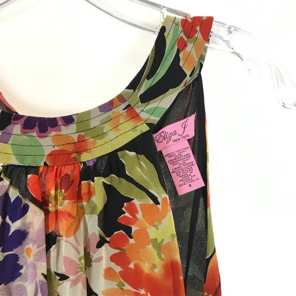 Womens Size 4 Eliza J Multicolor Pure Silk Colorful Floral Tie Back Mini Dress - Picture 2 of 3